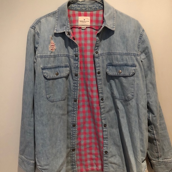 Plaid Lined Denim Boyfriend Shirt - Picture 2 of 7